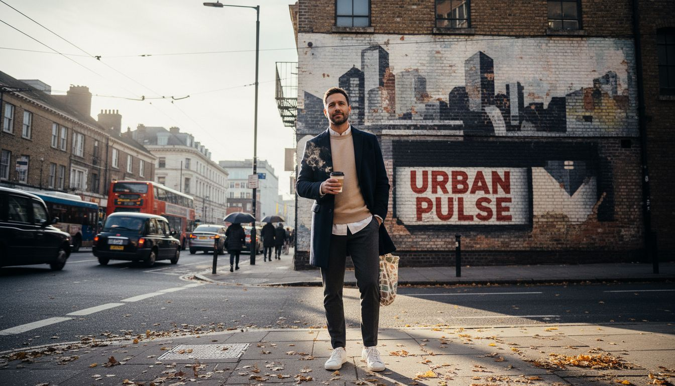 Man wearing layered contemporary menswear on a city street