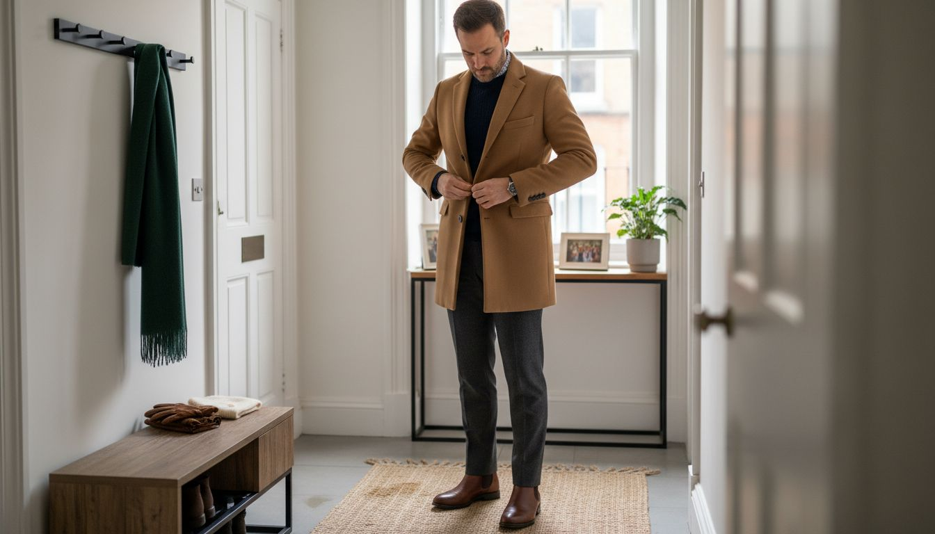 Man layering winter essentials in apartment entry