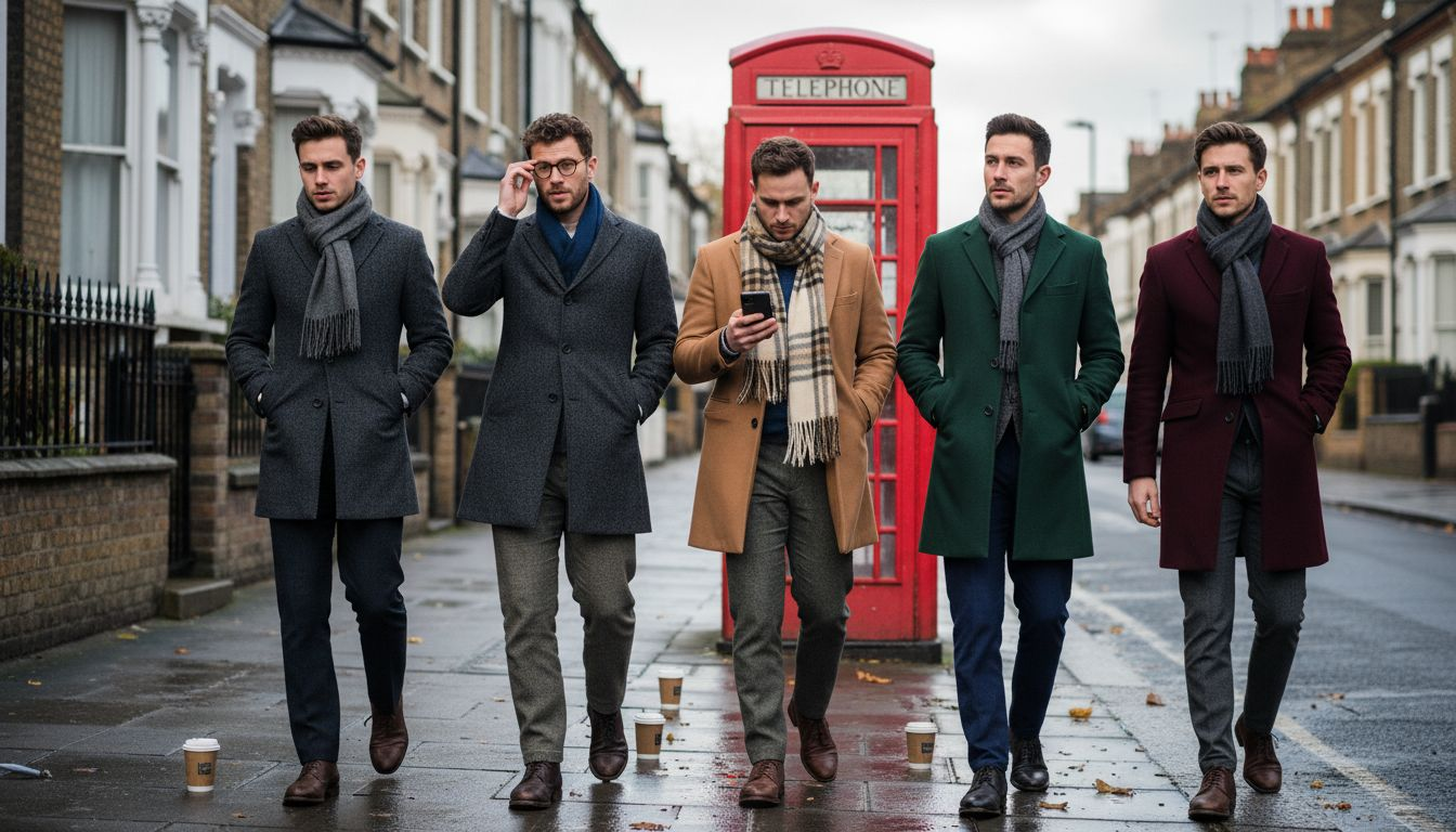 Men in tailored British coats on London street