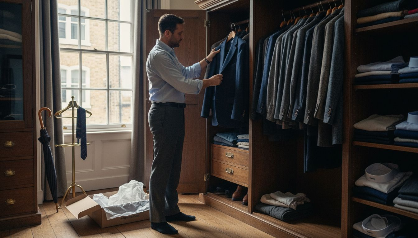 Man selecting blazer in British menswear closet