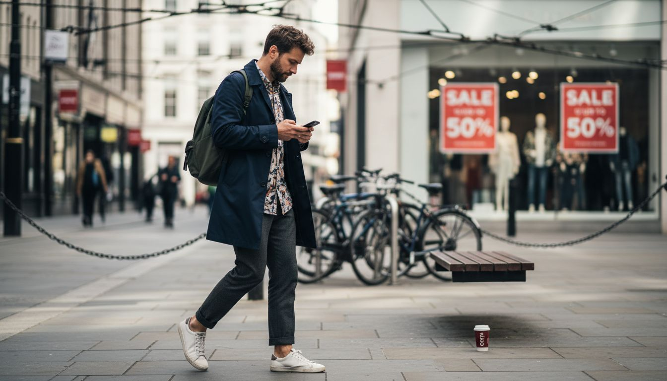 Man in layered fashion on city street