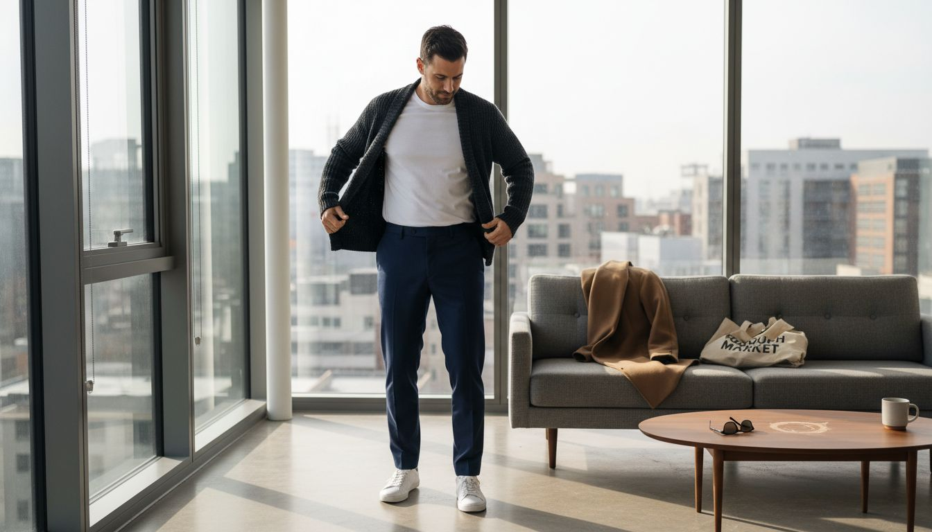 Man layering oversized sweater in city apartment