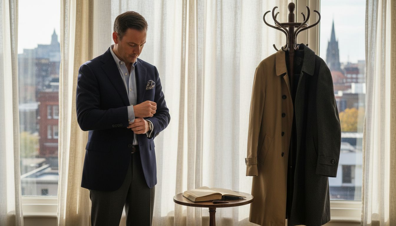 Man adjusts cufflinks in classic menswear