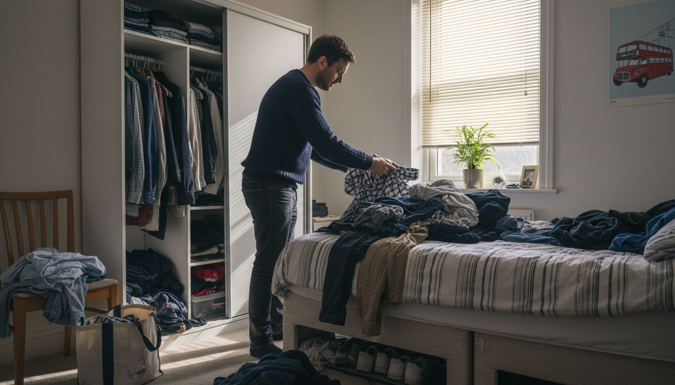 Man sorting clothes in UK bedroom wardrobe