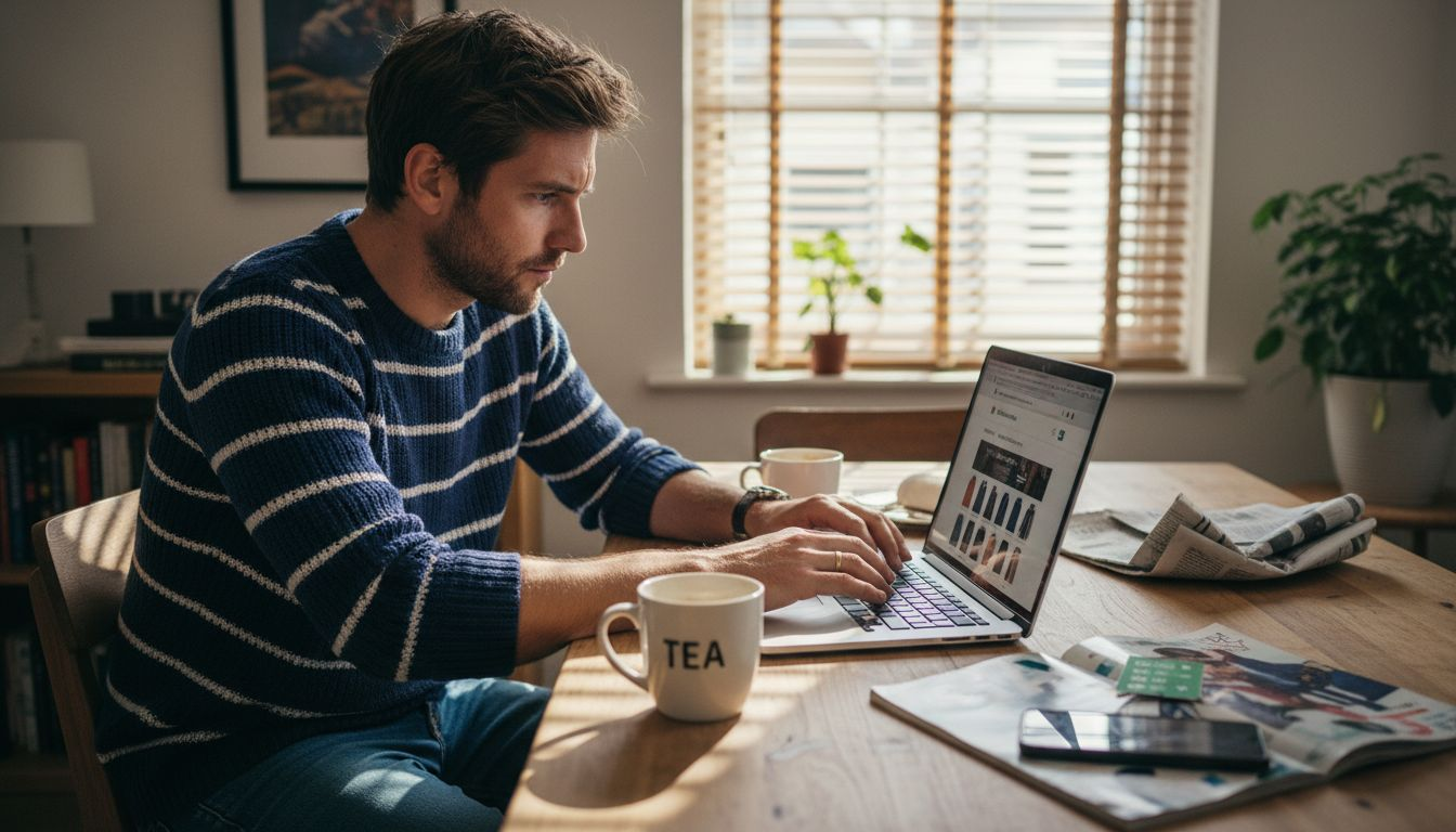 Man browsing men's fashion online at home