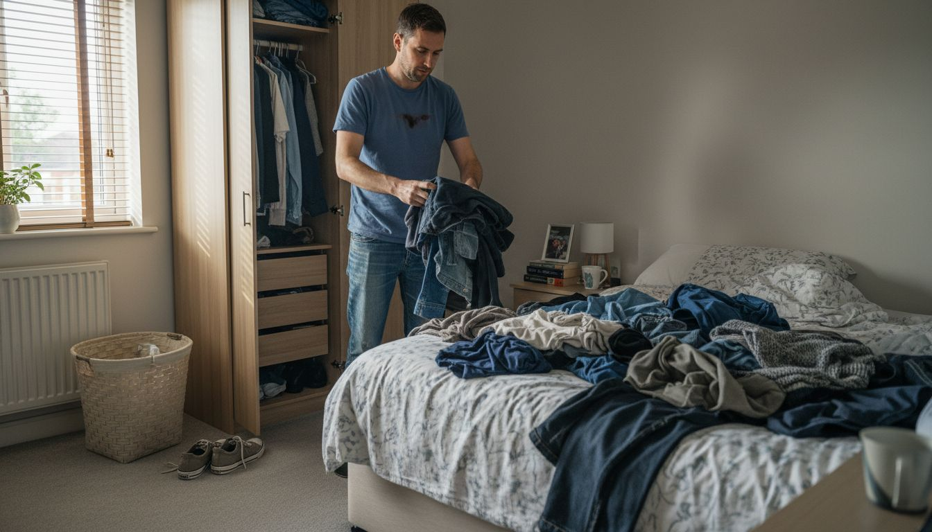 Man sorting clothes in bedroom wardrobe