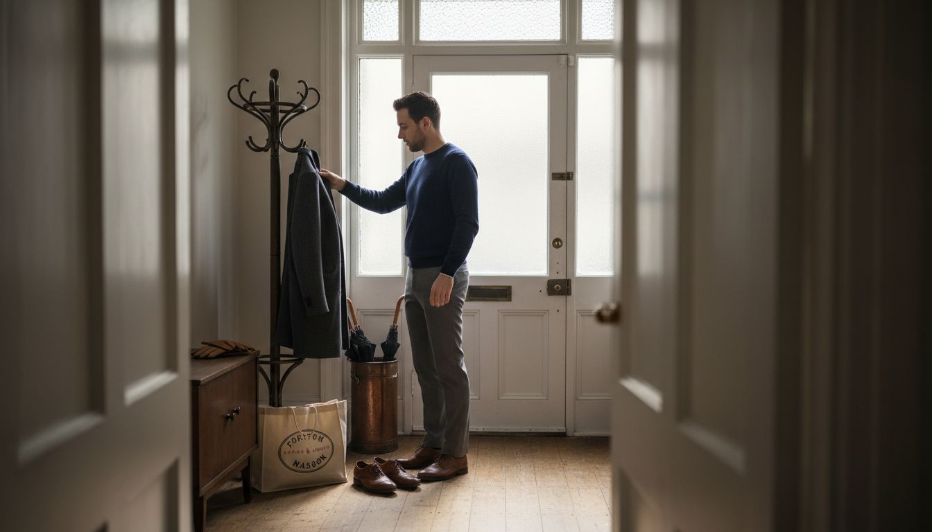 Man choosing winter coat in London flat