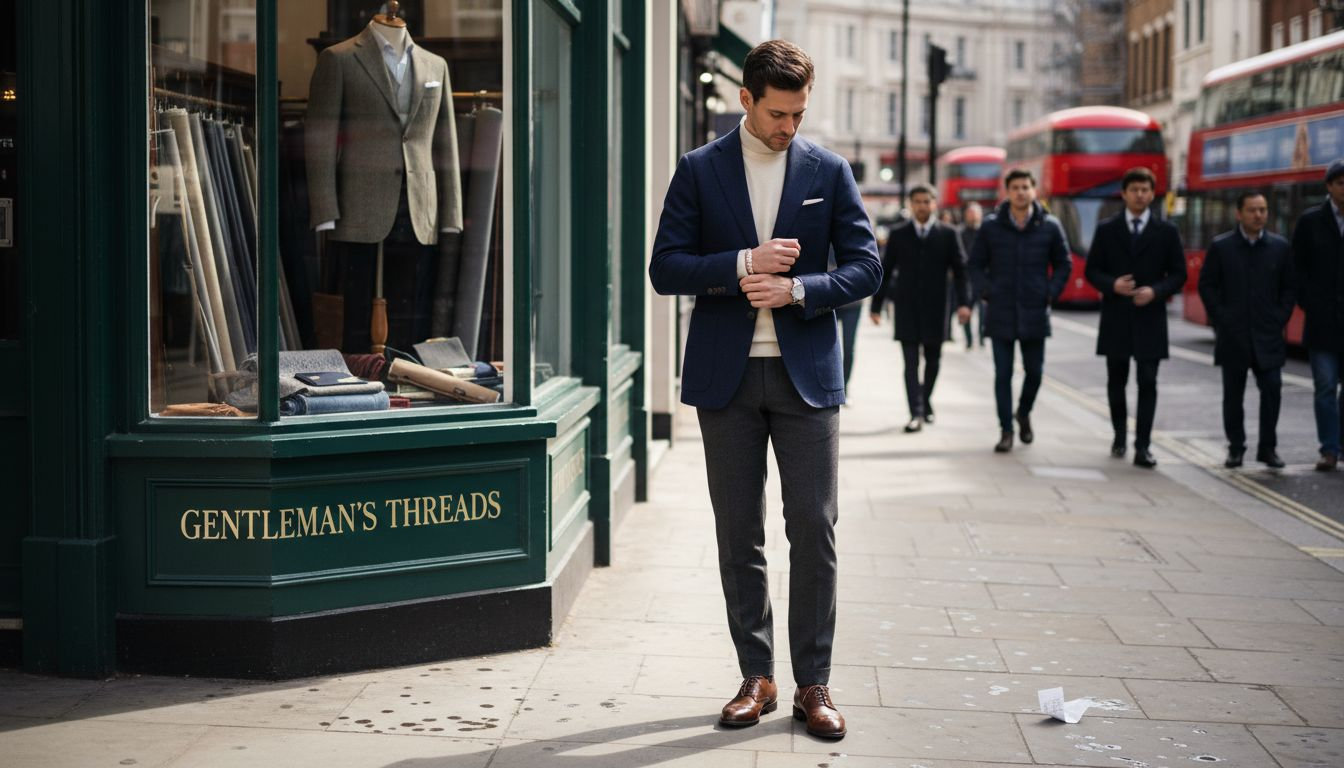 British man adjusts cuffs outside tailor shop