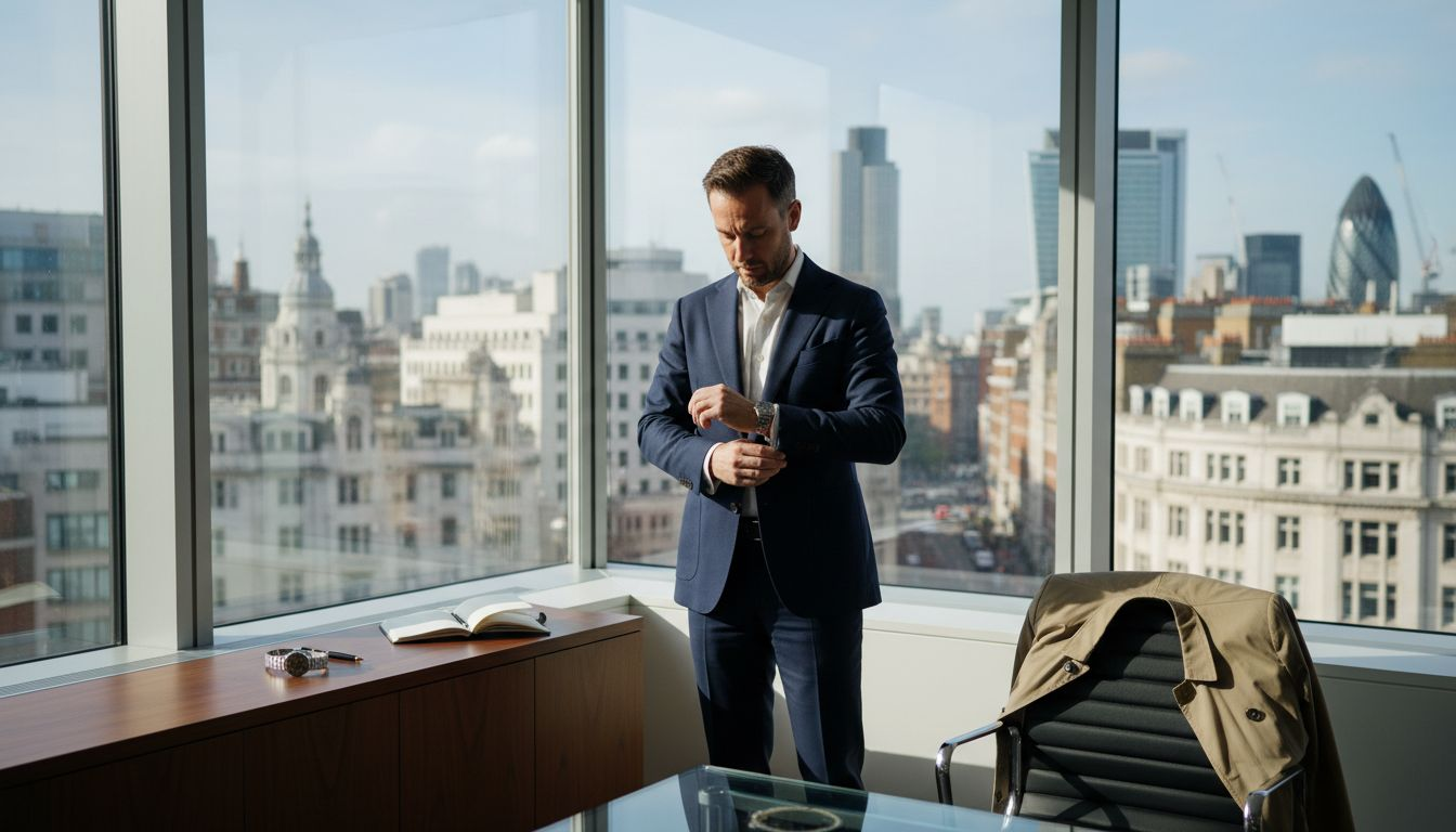 Man adjusting blazer in sunny office
