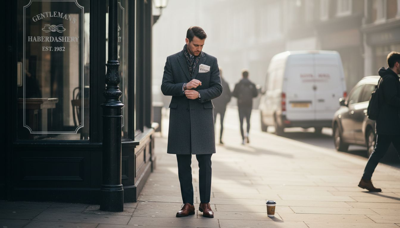 Man adjusting coat outside London boutique