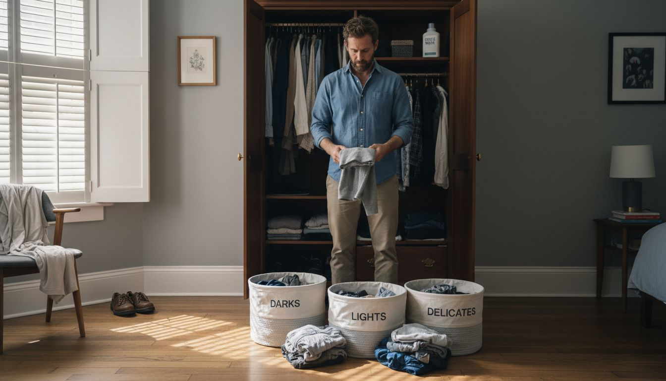 Man sorting clothes in home wardrobe routine